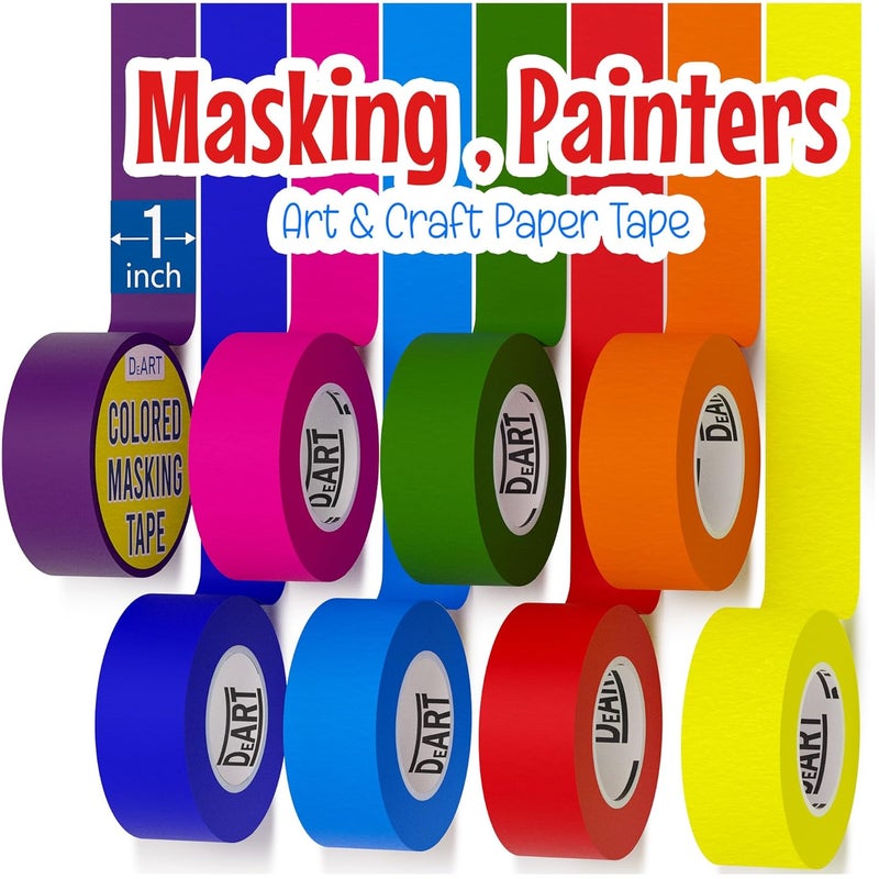 DeArt 8x Colored Masking Tape, 33 Ft x 1 inch Colored Painters Tape for Arts & Crafts Labeling or Coding, Education Supplies & Craft Supplies Color Tape Rolls, Colorful Masking Craft Tape, Drafting Tape - Image 1